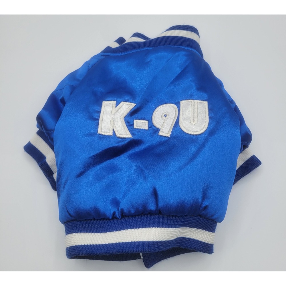 K-9U Blue Satin Dog Varsity Jacket Small Embroidered Pet apperal Bomber Coat‎
